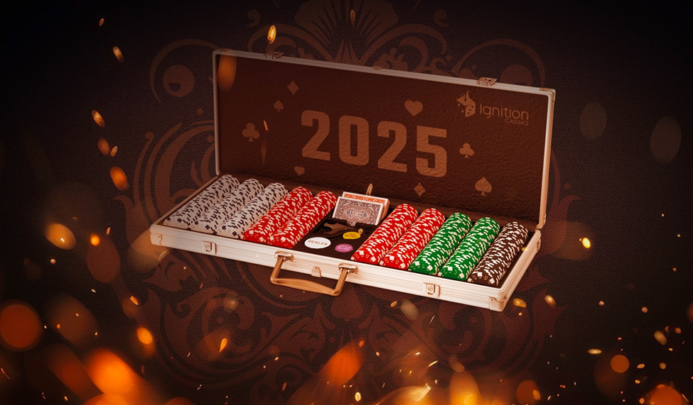 A 2025 poker chip set in a leather briefcase with colorful chips and the Ignition Casino logo on a decorative background.