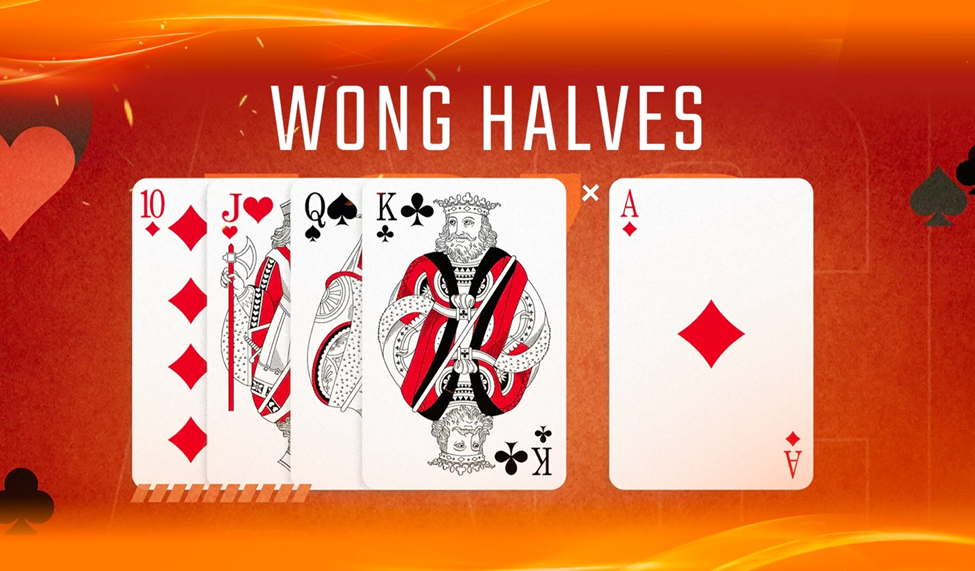 Wong Halves card counting system illustration with cards labeled by fractional values against a red background.