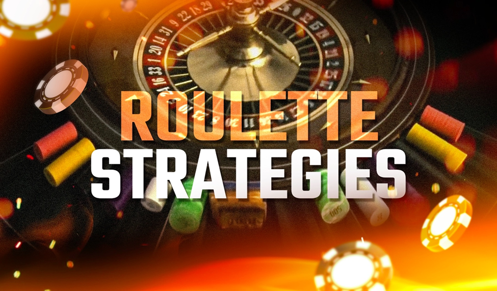 A roulette wheel surrounded by chips and glowing lights with the text “Roulette Strategies” in bold letters.