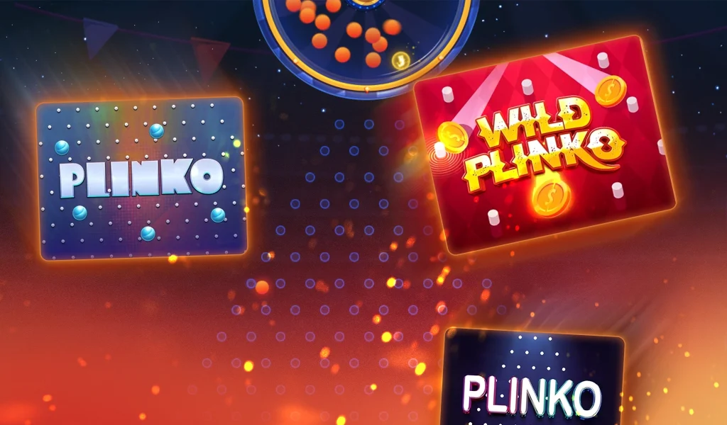 A vibrant casino game selection screen featuring "Plinko" and "Wild Plinko" options with glowing designs and bouncing balls.