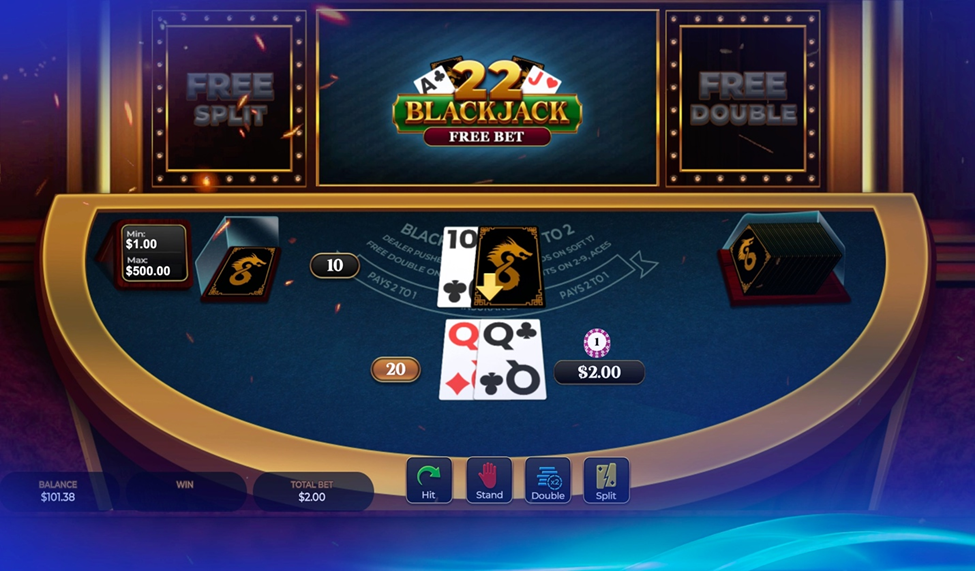 A digital blackjack table displaying a game in progress with "22 Blackjack Free Bet" branding and various betting options.