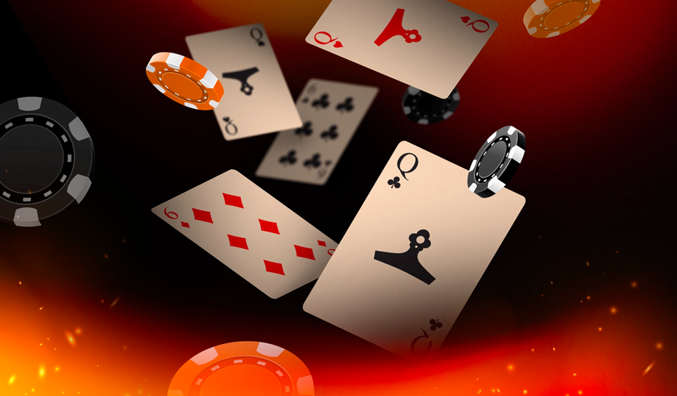 Illustration of poker cards and chips floating in mid-air against a fiery background, featuring queens and numbered cards in a stylized design.