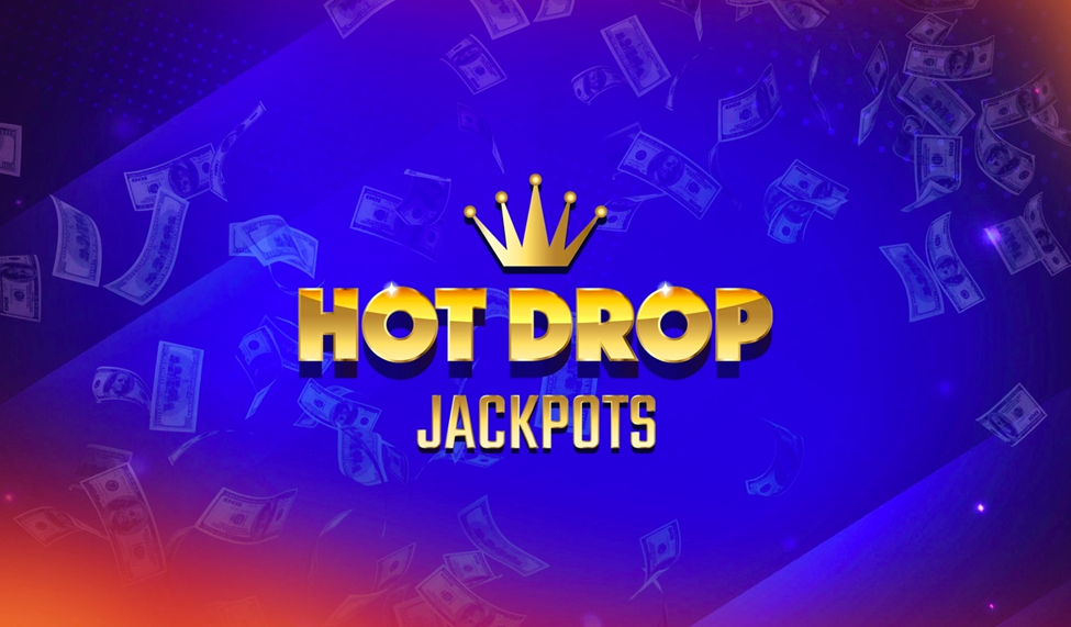 Golden ‘Hot Drop Jackpots’ text with a crown, surrounded by floating dollar bills on a blue gradient background.