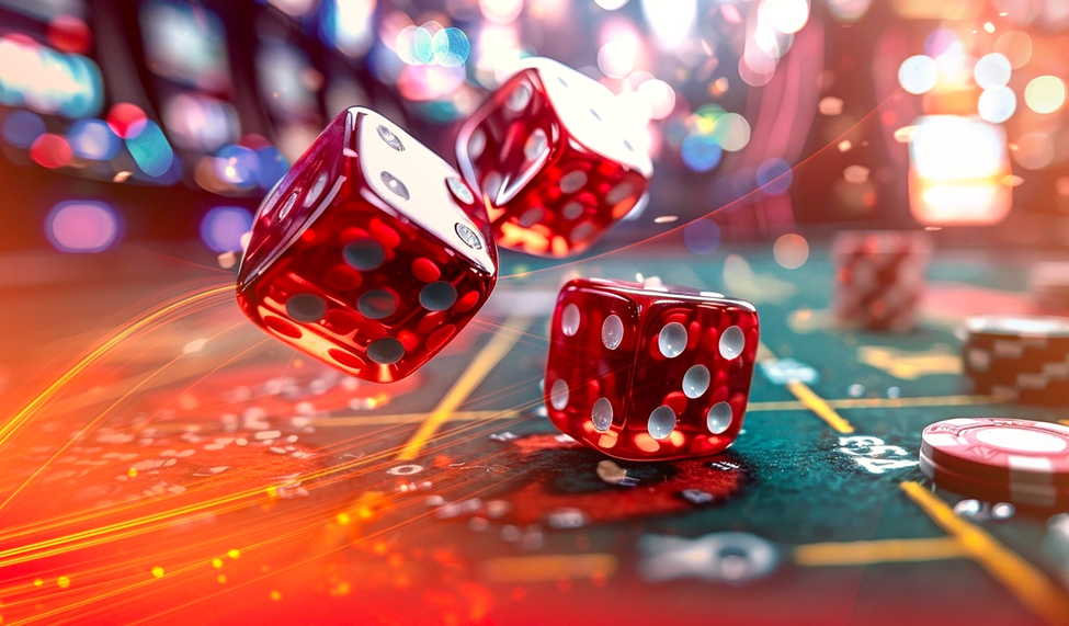 Three red dice mid-air over a craps table, with blurred casino lights in the background.