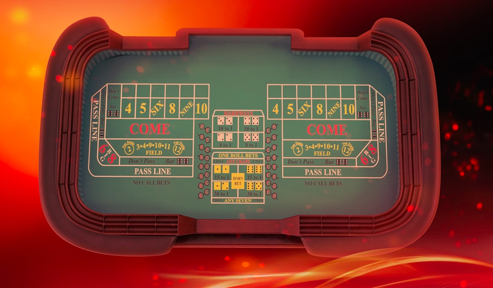 Overhead view of a craps table showing betting sections like Pass Line, Come, and Don’t Pass.