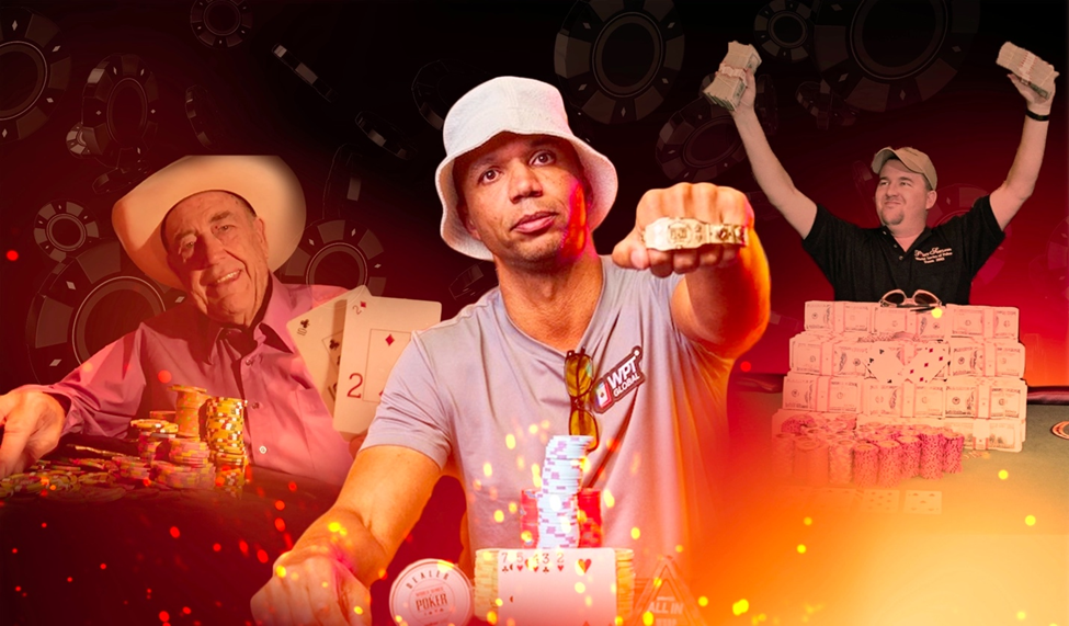 Collage of poker legends, including Doyle Brunson in a cowboy hat, Phil Ivey with a ring, and a player celebrating with cash.