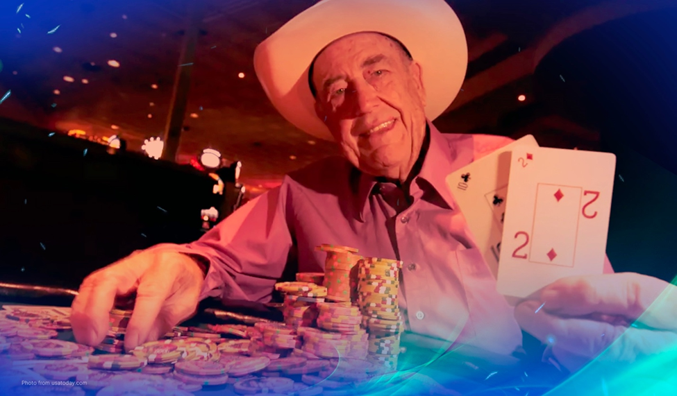 Doyle Brunson in a cowboy hat, holding 10-2 at a poker table surrounded by chips, smiling as he plays his iconic winning hand.