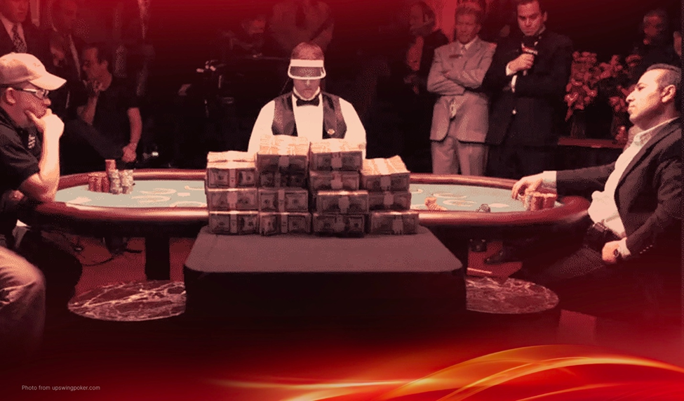 Chris Moneymaker's poker win, showing a table stacked with cash as two players face off, with a dealer overseeing the high-stakes game.