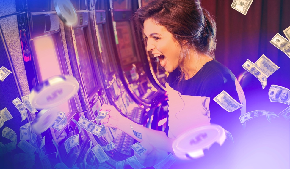 A woman celebrates at a slot machine as cash and poker chips float around, symbolizing a big jackpot win.