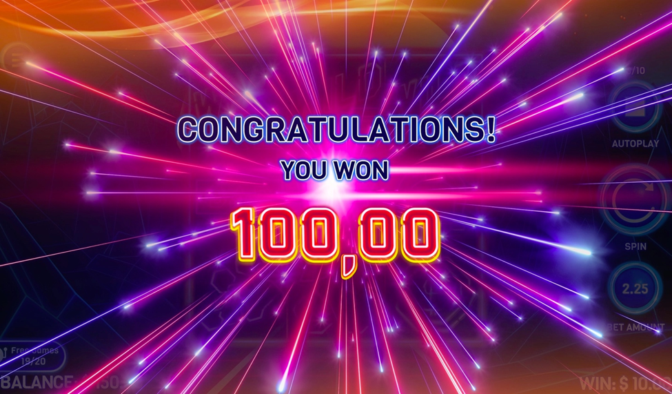 Bright neon screen displays ‘Congratulations! You won 100,00’ with colorful light streaks radiating in the background.