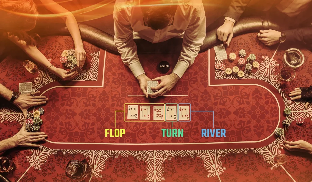 Overhead view of a poker table with players and labeled flop, turn, and river cards in a Texas Hold’em game.