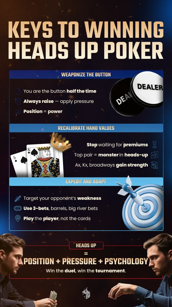 Top ways to win heads up poker infographic, keys to winning heads up poker infographic, how to win heads up poker infographic